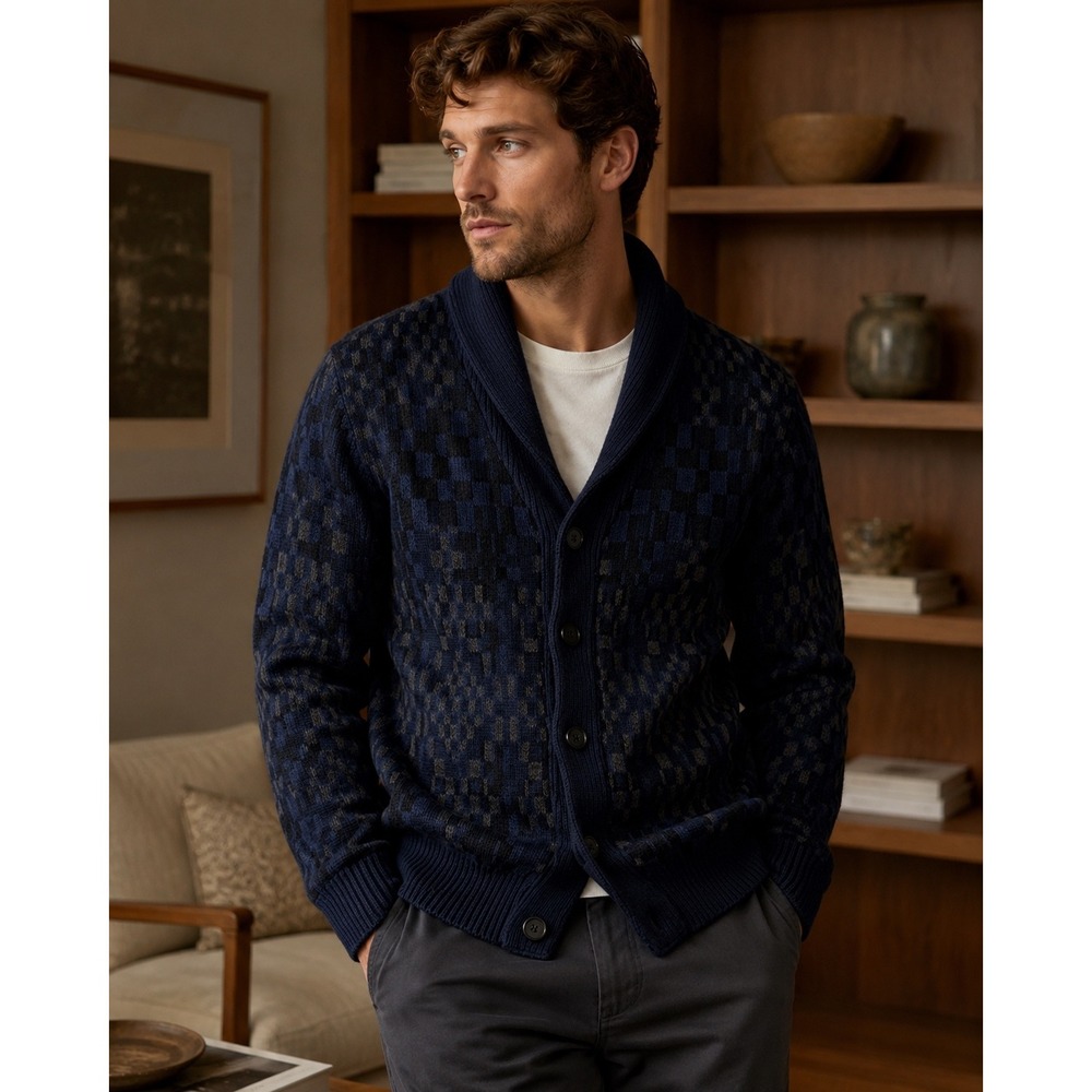 Billy Reid Blue Rug Jacquard Merino Wool Shawl Cardigan Mens S Sweater $398